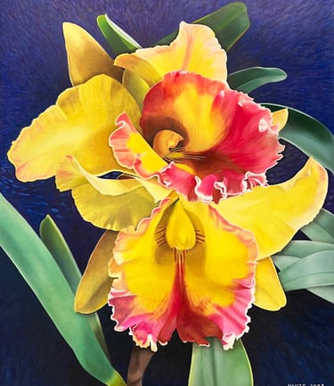 Christine Knize, Yellow Double Orchid, 72"x60", Oil on Canvas, Monumental Realism