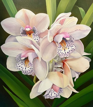 Monumental pink cymbidium meticulously painted by Christine Knize MFA RISD