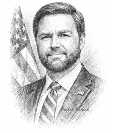 Pencil sketch portrait of JD Vance in a suit and tie with the American flag in the background.