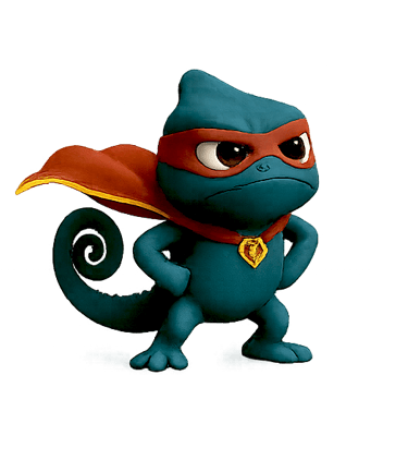 a cartoonish looking blue and red colored character