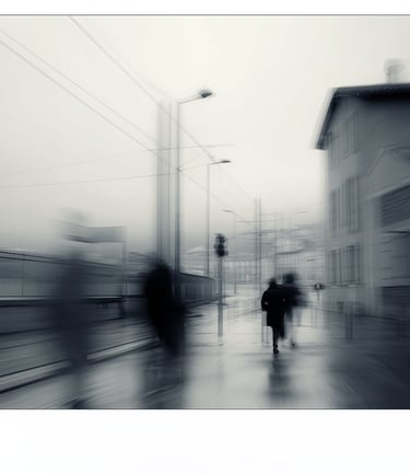 a blurry photo of people walking down a street
