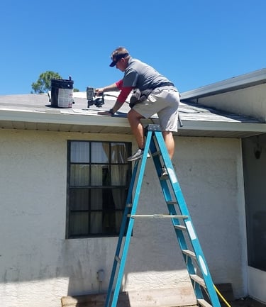 a man on a ladder ladder to get a picture of a dog