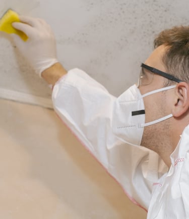 Worker repairing mold damaged ceiling.