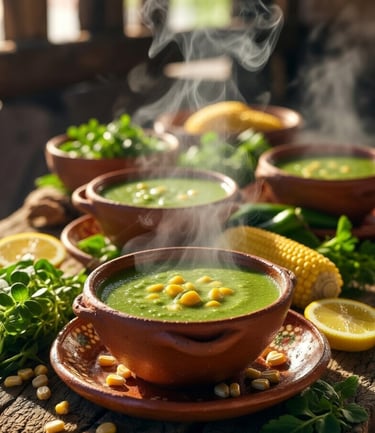 Steaming bowls of creamy green vegetable soup garnished with yellow corn kernels on a rustic wooden table.