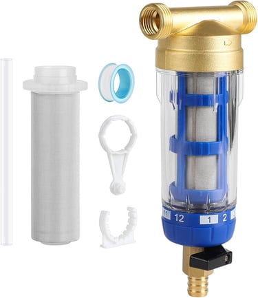 Prefiltro de sedimentos tipo spin-down con cuerpo transparente y accesorios para instalación domésti