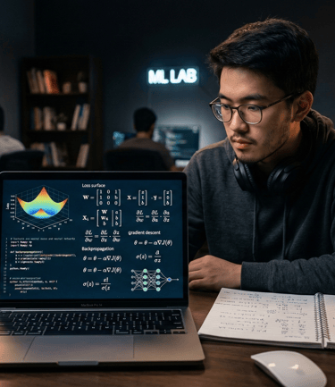 A photo-realistic image of a young male computer science student in a dimly lit, modern workspace. H