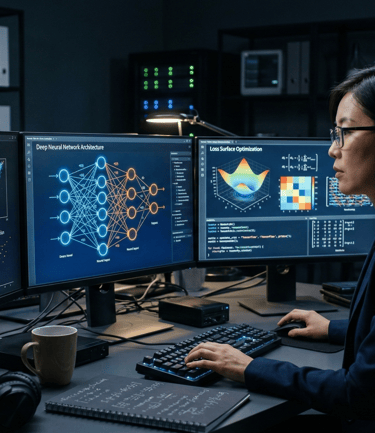 A photo-realistic, cinematic shot of a professional female data scientist in a dark tech environment