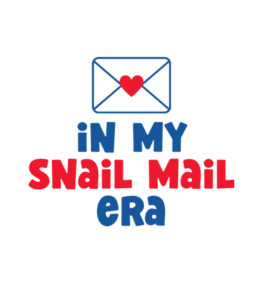 Graphic art with an envelope heart icon and text reading in my snail mail era.