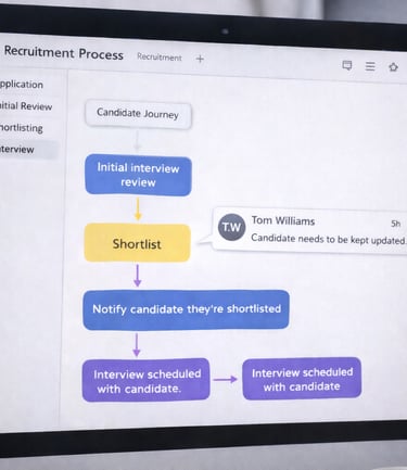A laptop screen displaying a recruitment process map.