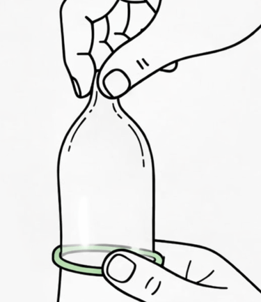 1 hand pinch top of condom one hand pulling condom down