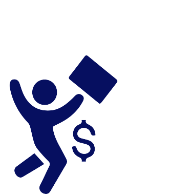 a stick figure silhouette dancing with a brief case in its hand next to a dollar sign