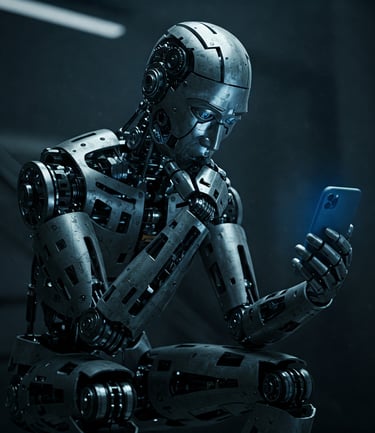 Robot humanoide sentado pensativo mirando el móvil.