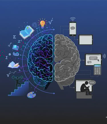 Cerebro dividido: lado activo con redes neuronales vs lado pasivo conectado a dispositivos digitales.