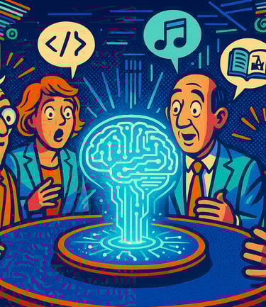 En una mesa redonda 4 personajes de dibujos hablan de lo que hace la IA. Del centro emerge un cerebro holográfico.