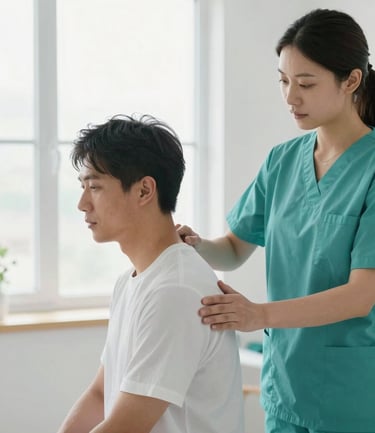 Medium shot of a professional physiotherapist guiding a patient's shoulder recovery, bright clinical room, soft natural window light, teal accents