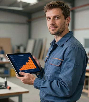 A professional contractor in a muted blue work shirt standing in a modern, industrial workshop, holding a tablet that shows a high-growth revenue chart in deep slate navy and bright orange.