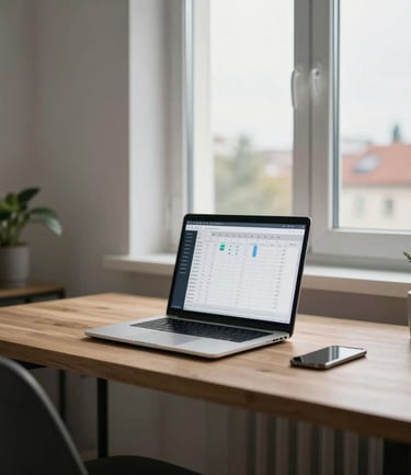 A medium shot of a modern, clean Slovak home office in Bratislava, soft overcast daylight coming from a side window, highlighting a wooden desk with a laptop displaying a simple financial calculator interface.