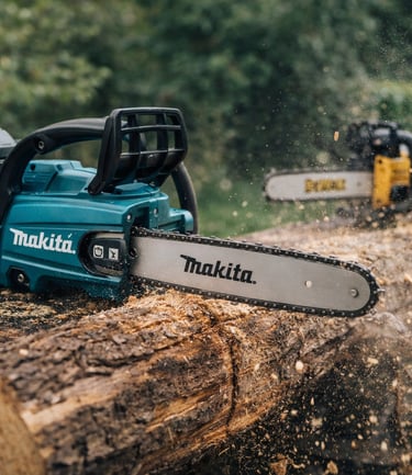 Makita cordless chainsaw cutting a wooden log outdoors with wood chips flying.