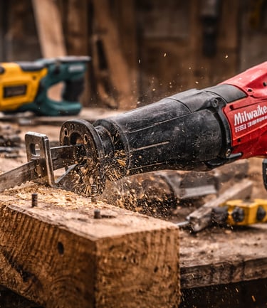 Milwaukee M18 FUEL reciprocating saw cutting through a wooden beam with sparks and sawdust in a workshop.