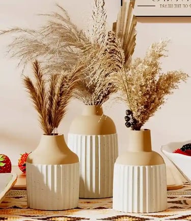 Set of 3 Bohemian Ribbed Ceramic Bud Vases – Small Textured Cream Vases for Boho Bedroom,