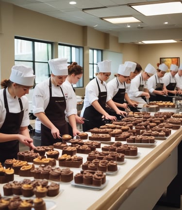 In a café or restaurant setting, there is a counter with trays containing various pastries, including a sugar-dusted cake and a pastry topped with strawberries. Several people dressed in casual clothing and aprons are engaged in activities behind the counter, possibly preparing orders.