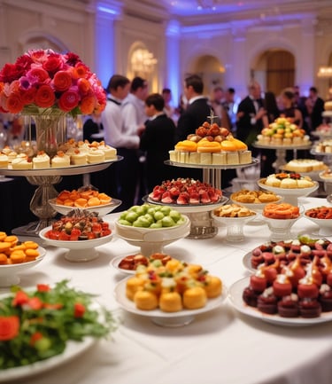 In a café or restaurant setting, there is a counter with trays containing various pastries, including a sugar-dusted cake and a pastry topped with strawberries. Several people dressed in casual clothing and aprons are engaged in activities behind the counter, possibly preparing orders.