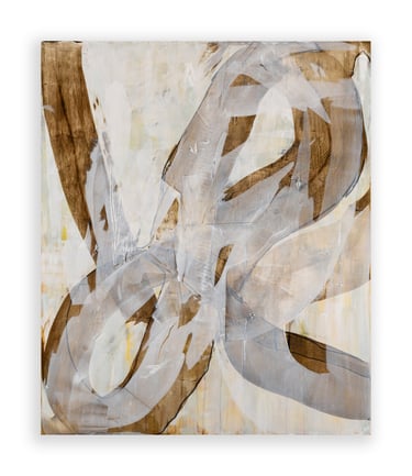 Abstract wall art with expressive brown and white brushstrokes on a neutral canvas background.