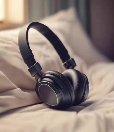 Para czarnych słuchawek nausznych leżąca na beżowej poduszce.