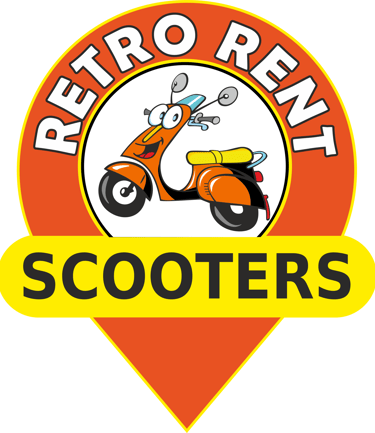 Retro Rent Scooters logo featuring a cartoon orange moped on a pin-shaped background.