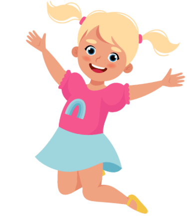 Colorful, smiling cartoon girl jumping and celebrating