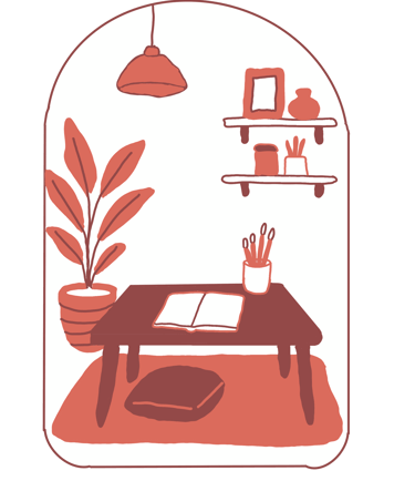 illustration d’un petit espace créatif avec table, carnet, plantes et étagères