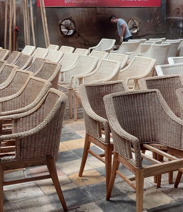 Rattan chair made by Primuss Furniture in finishing process ordered by a hotel in Barcelona, Spain