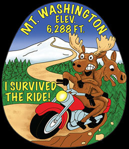 2-D Poly design of Mt. Washington. Funny moose on motorcycle with text I survived the drive.
