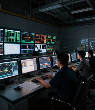 Wide shot of a control room with multiple screens displaying real-time data, an engineer observing, with a high-contrast industrial lighting. The image should be dark and technical, 35mm lens.