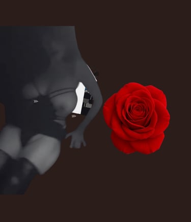 A vibrant red rose flower head next to a blurred black and white silhouette of a person.