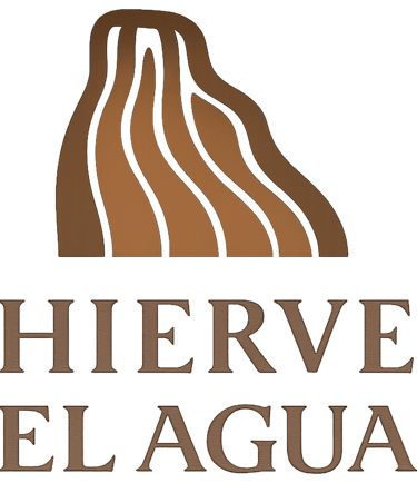 Hierve el Agua logo featuring brown petrified waterfall icon and serif text for the Oaxaca nature site.