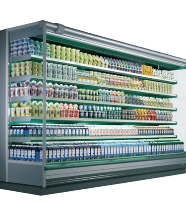 Commercial multi-deck open display fridge stocked with dairy products and beverages.