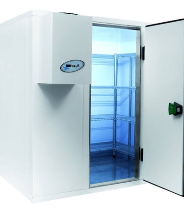 Walk-in cooler with open door showing interior shelving