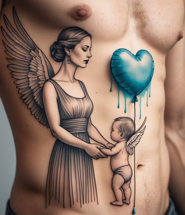 Tatuaggio sul petto di un uomo: una bella donna con le ali che tiene per mano un bambino con le ali