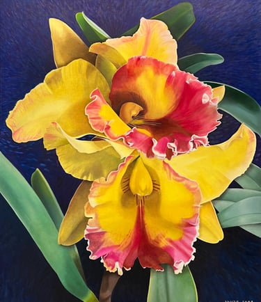 Large-scale orchid painting by Christine Knize, Orchidelirium series, 72 x 60, contemporary realism