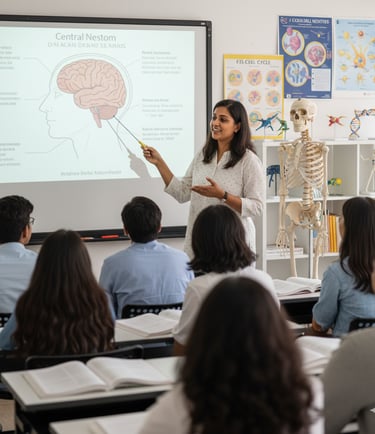Passionate Indian biology teacher explaining human anatomy for NEET aspirants using a projector 