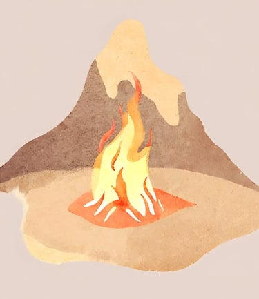 Watercolour image of a fire illuminating both shadows and light