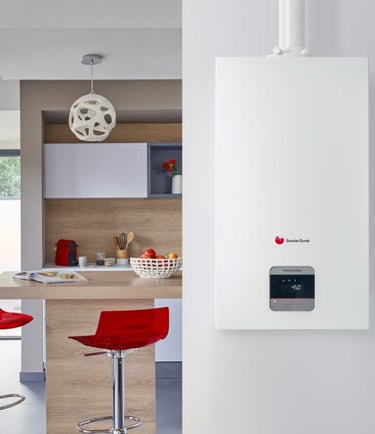 chaudière gaz, chaise rouge, table cuisine, panière à fruit, machine à café rouge, lustre blanc