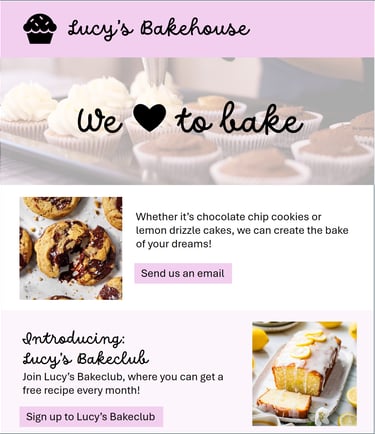 Mockup of a website for Lucy's Bakehouse, with consistent formatting, colours, fonts and optimised imagery