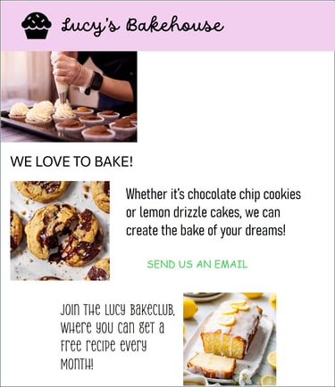 Mockup of a website for Lucy's Bakehouse with inconsistent formatting, colours and fonts