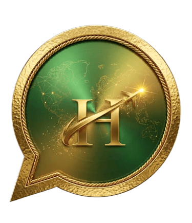 Golden letter H logo with an airplane icon inside a green and gold luxury chat bubble.