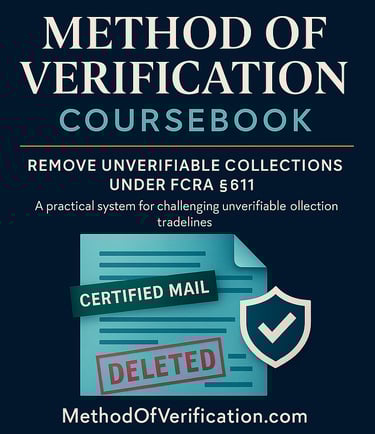 “Method of Verification coursebook cover showing certified mail and a deleted stamp under FCRA §611,
