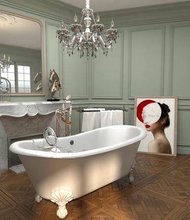 Baignoire ilot sur parquet d'origine dans un appartement haussmannien, Nina Poma Studio.