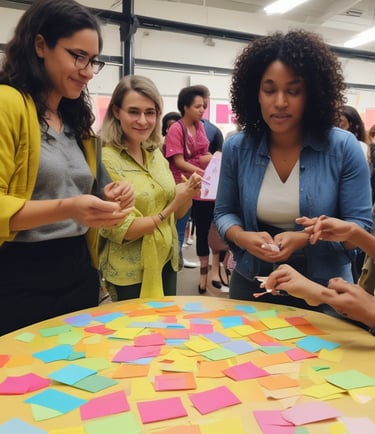 Women, mean leaders engaging in an affinity sorting activities with post it notes