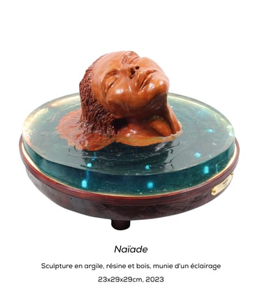 Sculpture de l'artiste Lode intitulée Naïade, représentant le buste d'une femme dans l'eau.  